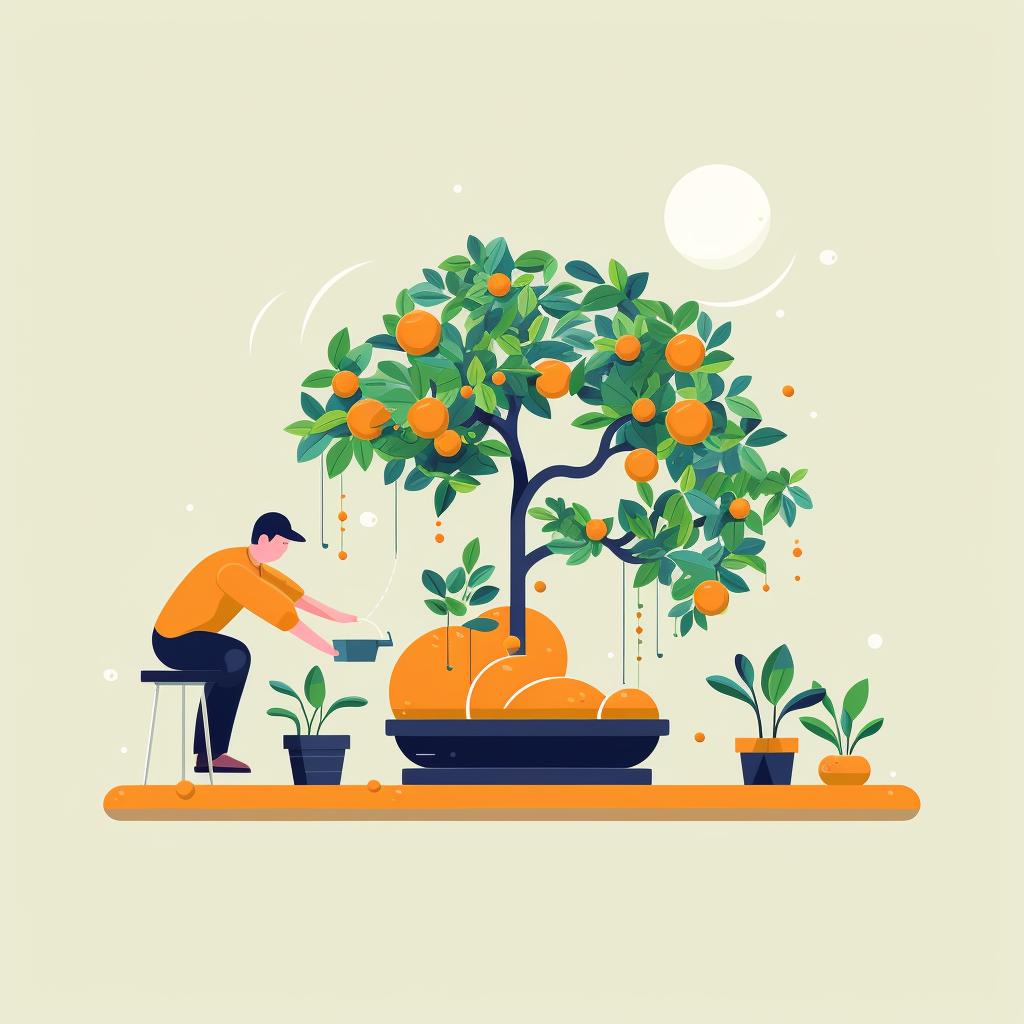 Applying fertilizer to a Bonsai Orange Tree