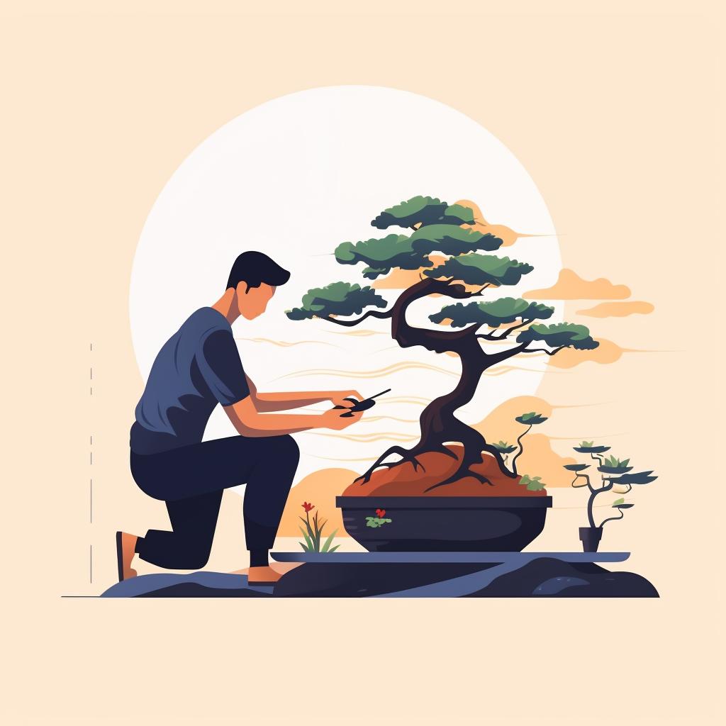 A bonsai owner inspecting their bonsai tree for signs of inadequate light