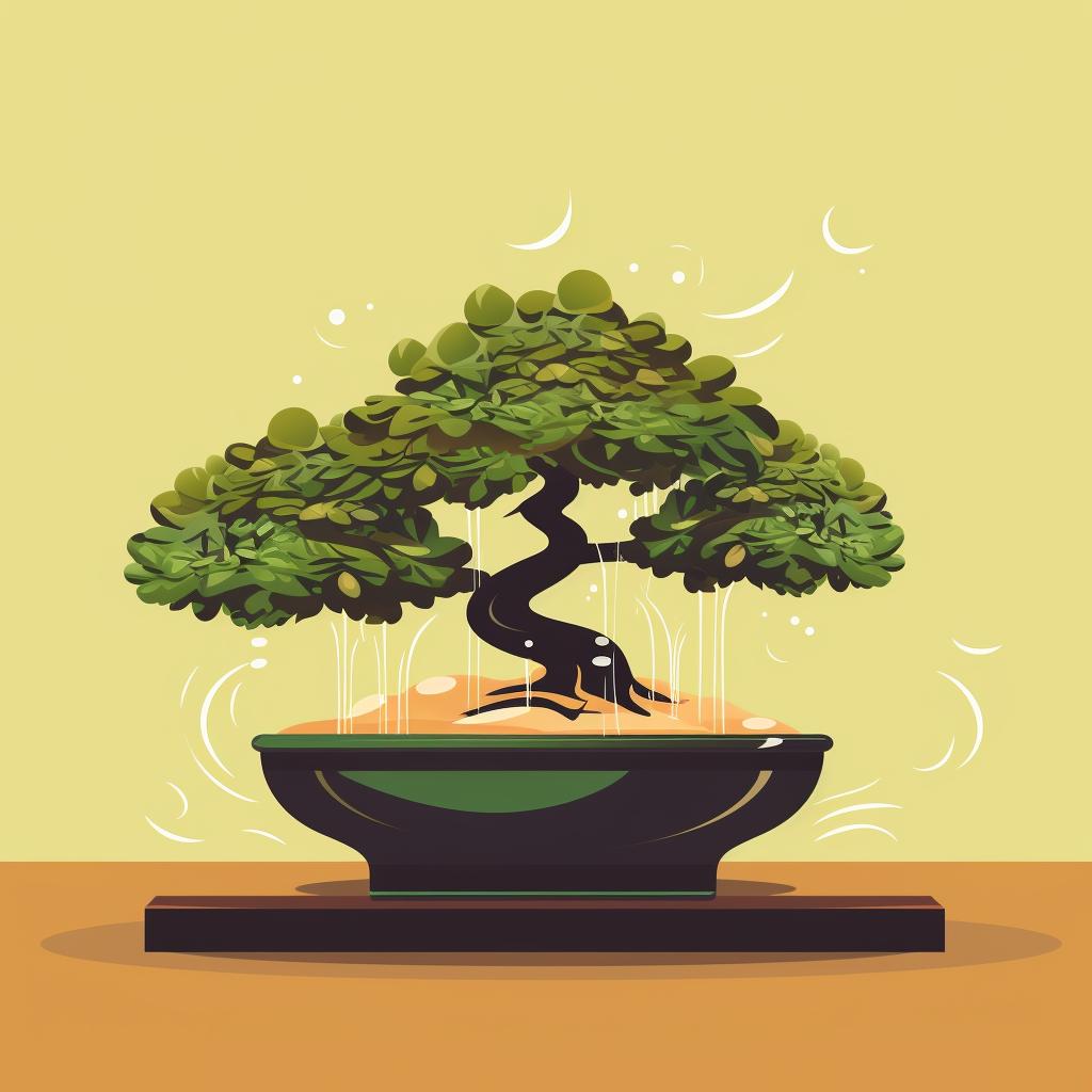 Water being poured onto the soil of a bonsai tree.