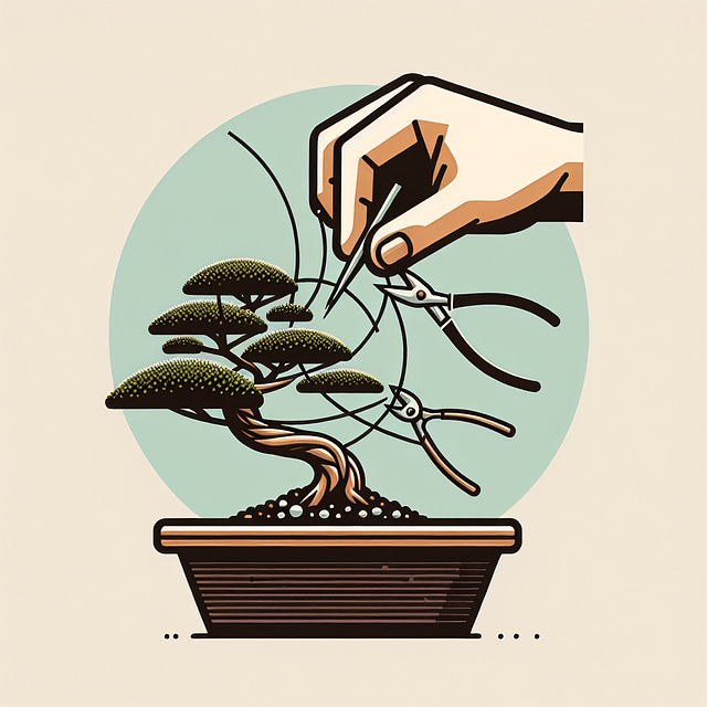 carefully bending a wired juniper bonsai branch