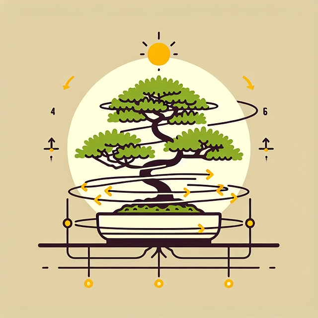 bonsai tree rotating to receive balanced sunlight