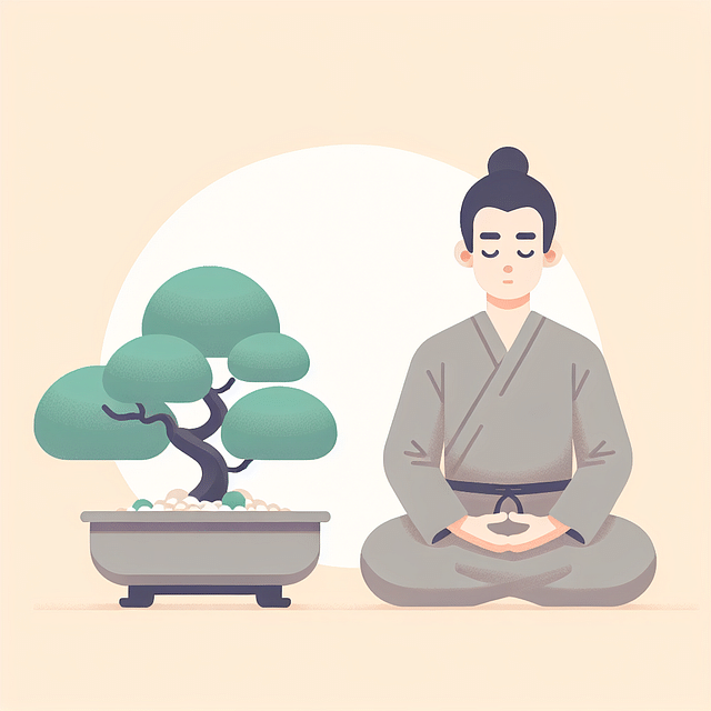 person meditating next to a bonsai tree