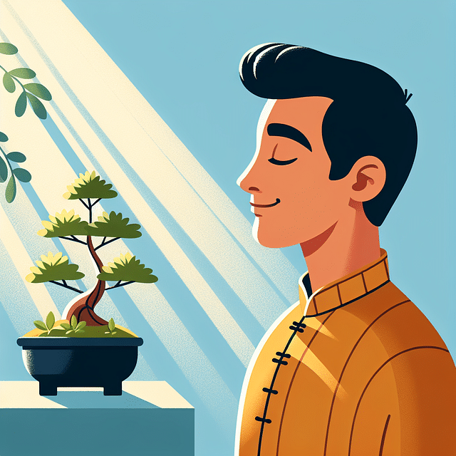 person smiling peacefully at a bonsai tree in morning light