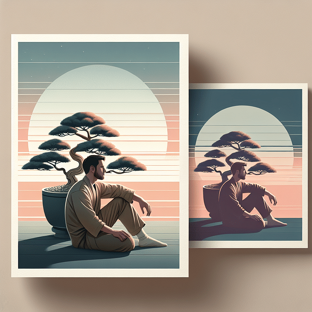 person reflecting beside a bonsai tree in soft evening light