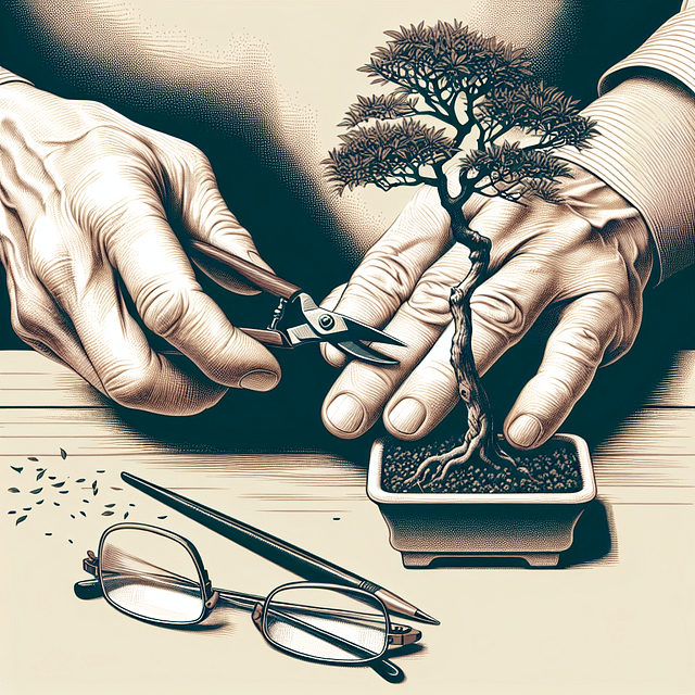 hands carefully pruning a bonsai tree