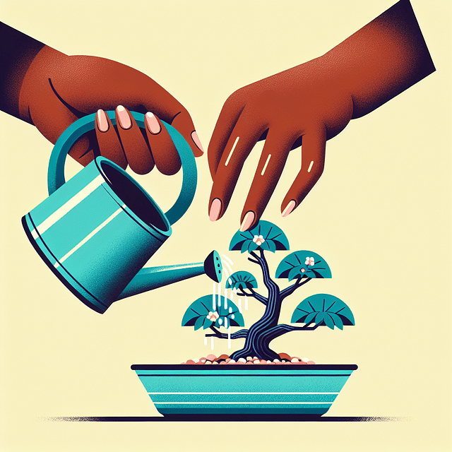 hands watering a bonsai tree with a watering can