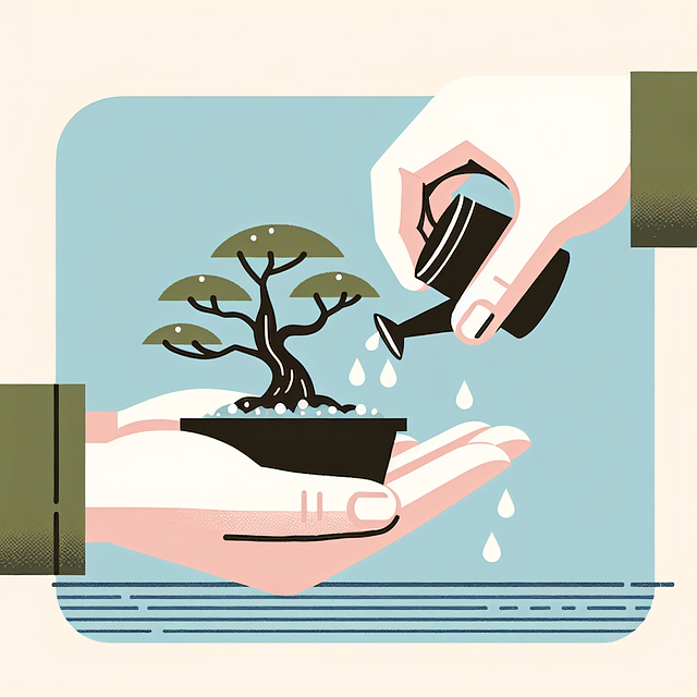 Caring hands watering a freshly pruned bonsai tree