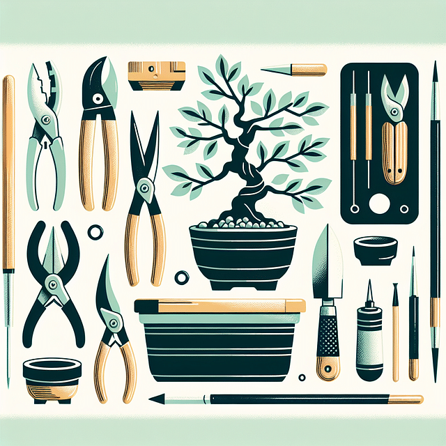 Bonsai pruning tools arranged neatly