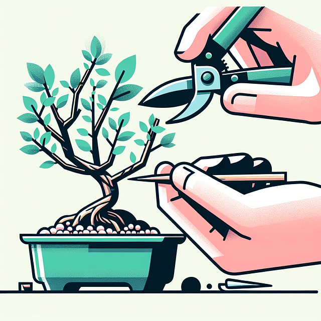 Close-up of bonsai twig being delicately pruned