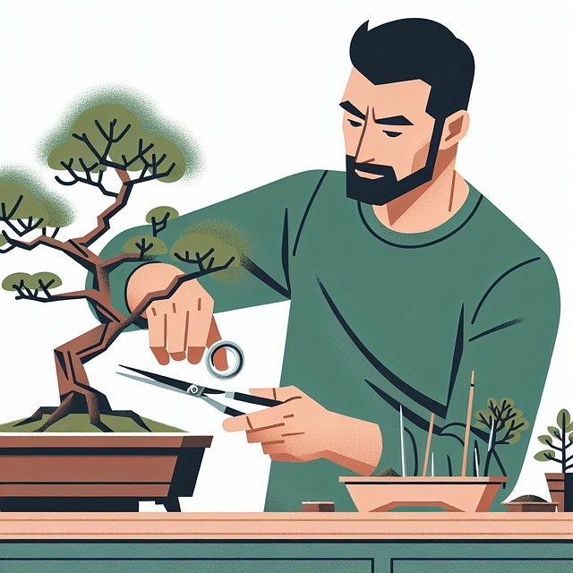 Bonsai artist thinning out branches carefully