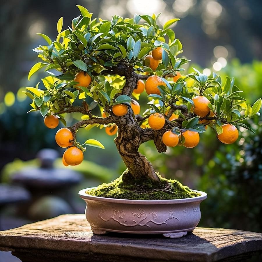Bonsai Orange Tree in full bloom with vibrant oranges and lush green leaves