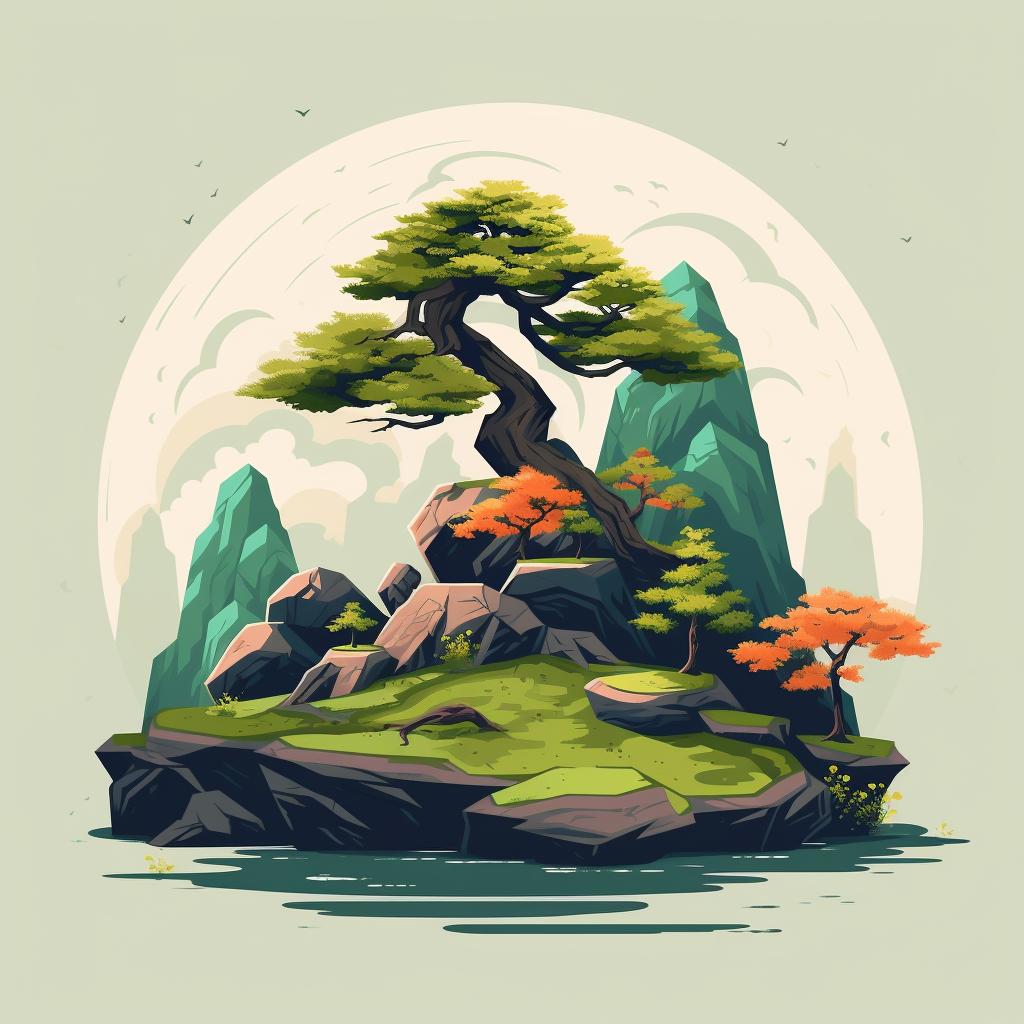 A miniature landscape with rocks and moss around a bonsai tree