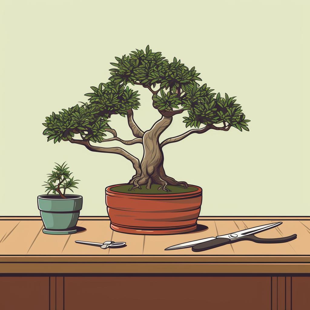 Bonsai pruning scissors and wire cutters on a table