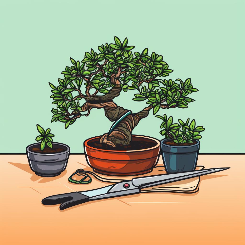 Bonsai pruning scissors, wire cutters, and bonsai wire on a table