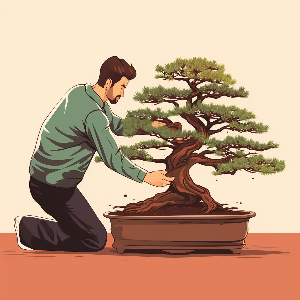 Close-up of a person inspecting a Redwood Bonsai tree