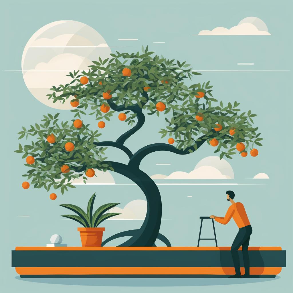 Person observing a pruned and shaped Bonsai Orange Tree