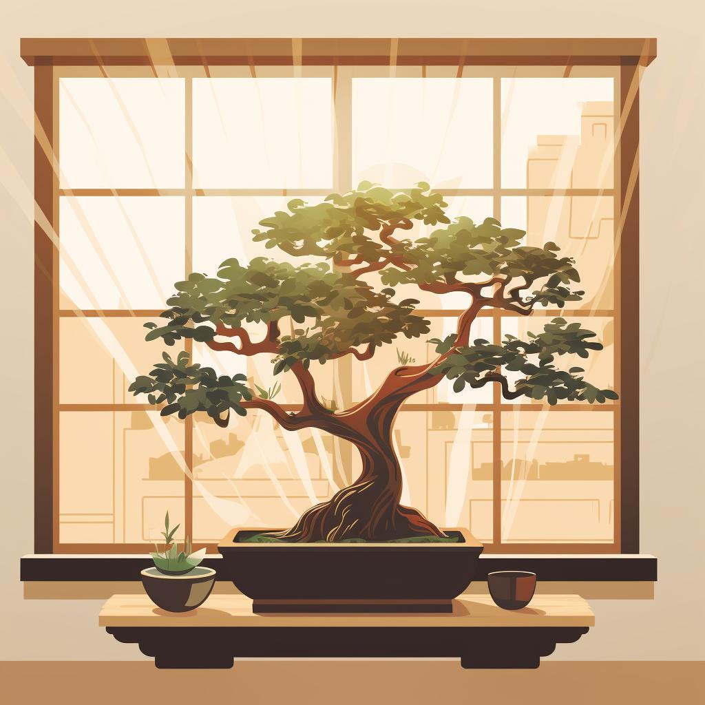 Chinese Elm Bonsai placed near a window with indirect sunlight