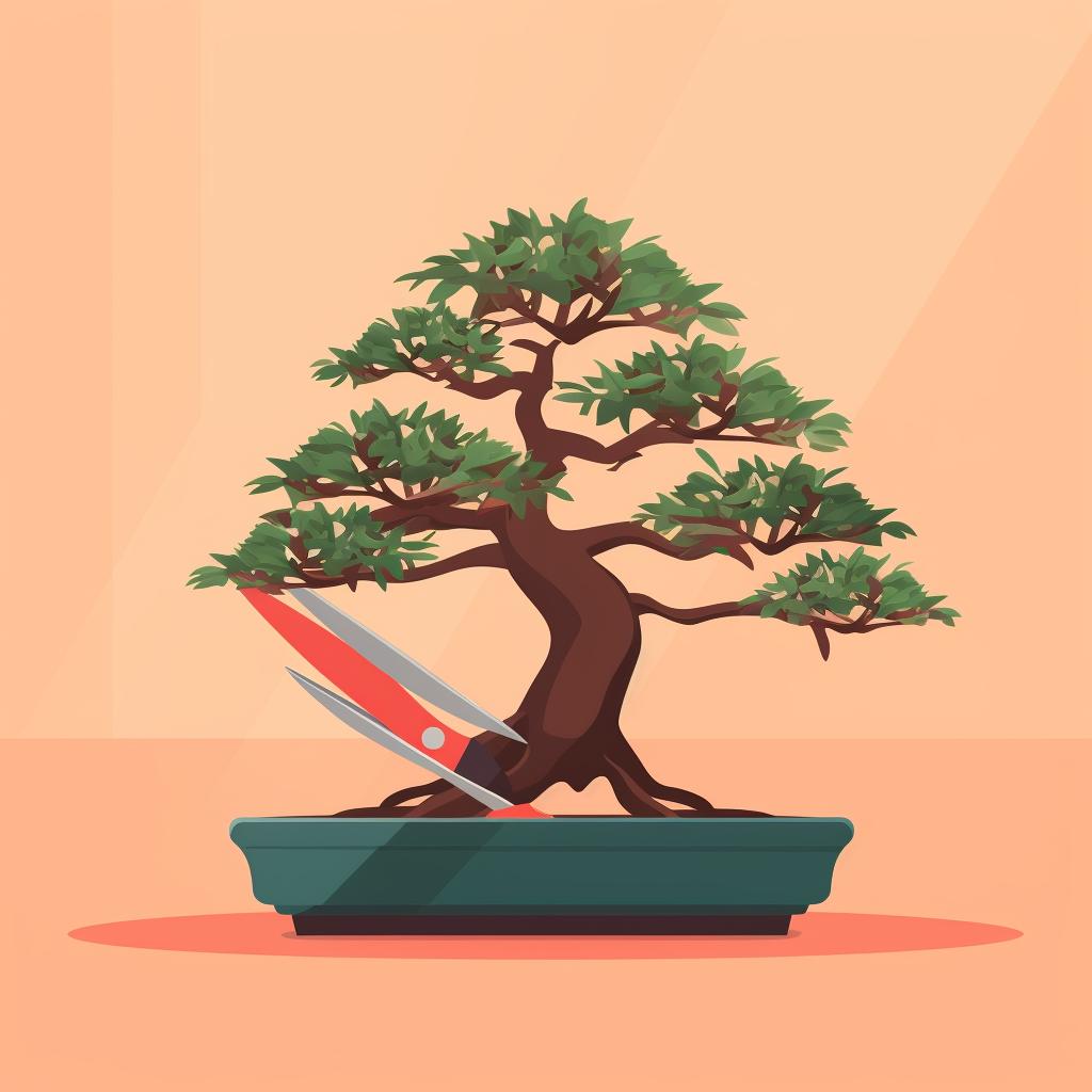 A bonsai tree being pruned with bonsai scissors