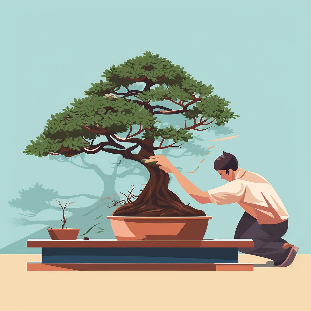 A bonsai tree being repotted into a new pot