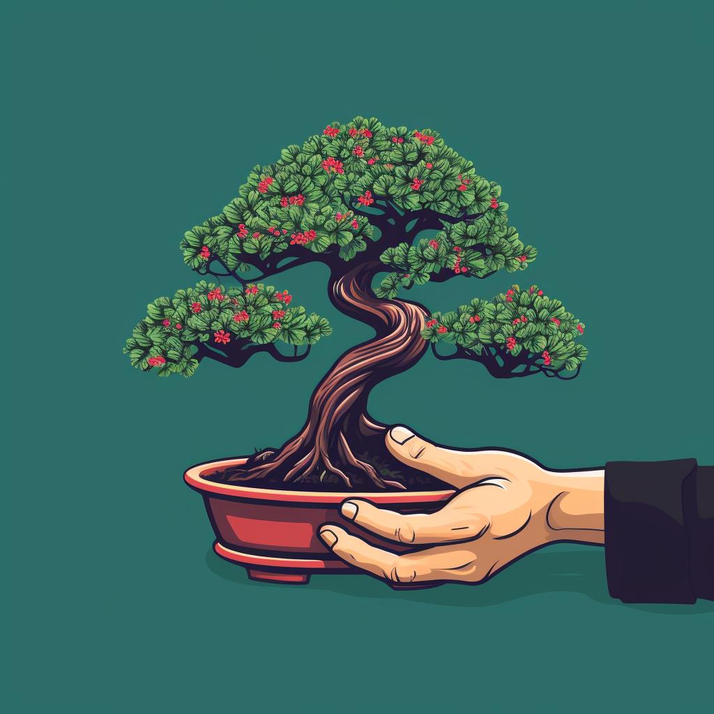 Hands gently rotating a bonsai tree