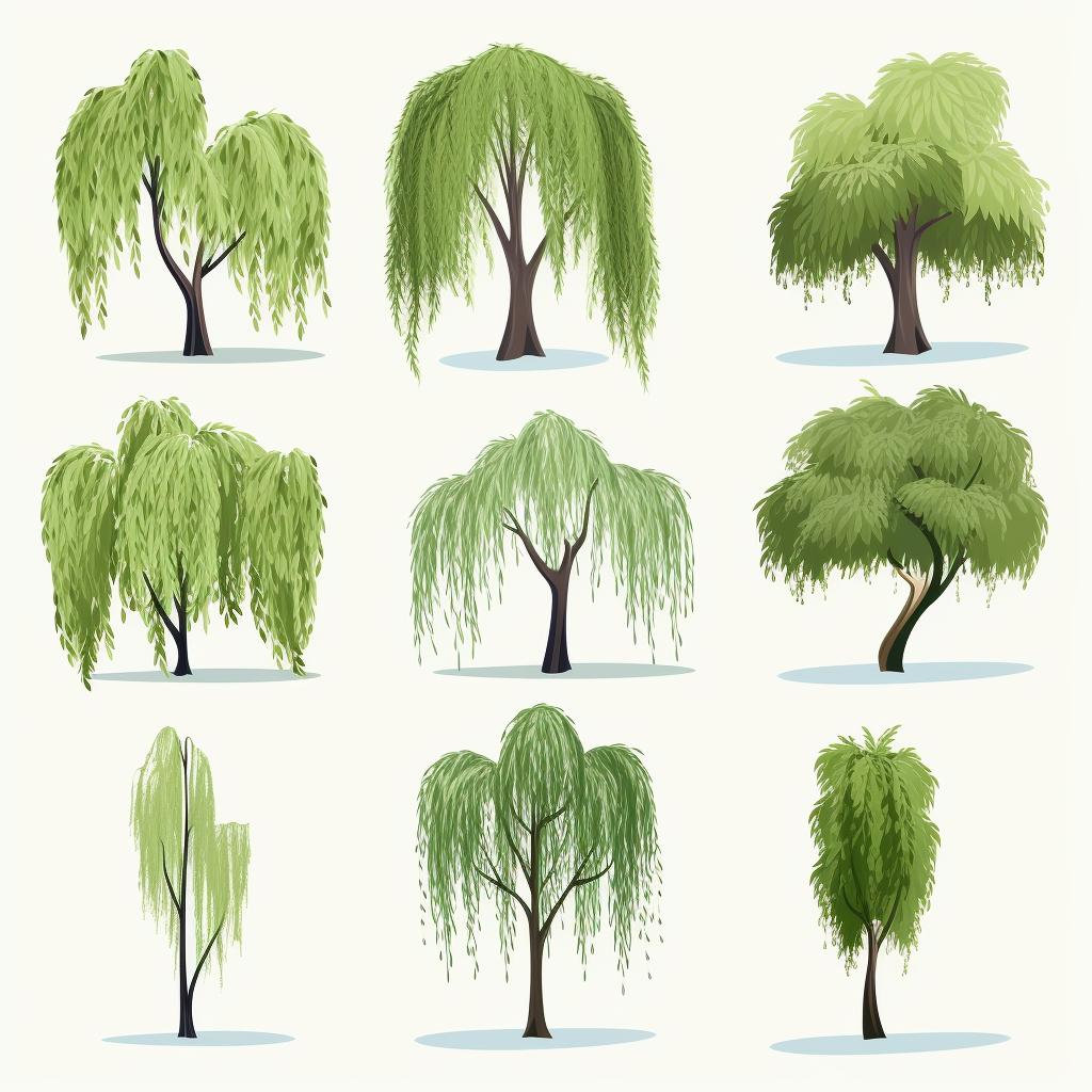 Different varieties of weeping willow trees