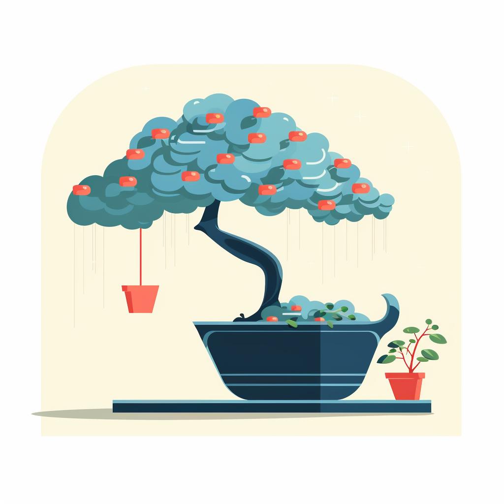 A watering can pouring water onto a bonsai tree in a pot