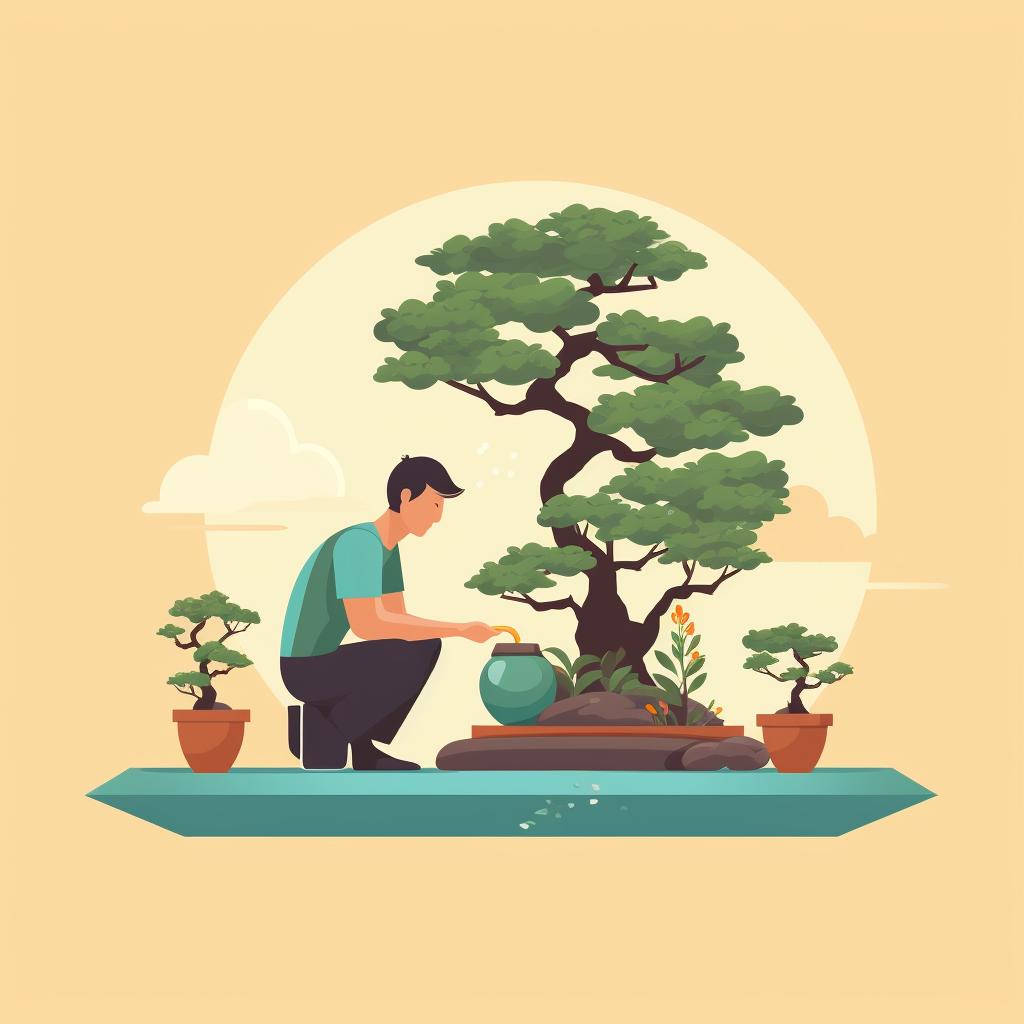 A person carefully watering a bonsai tree