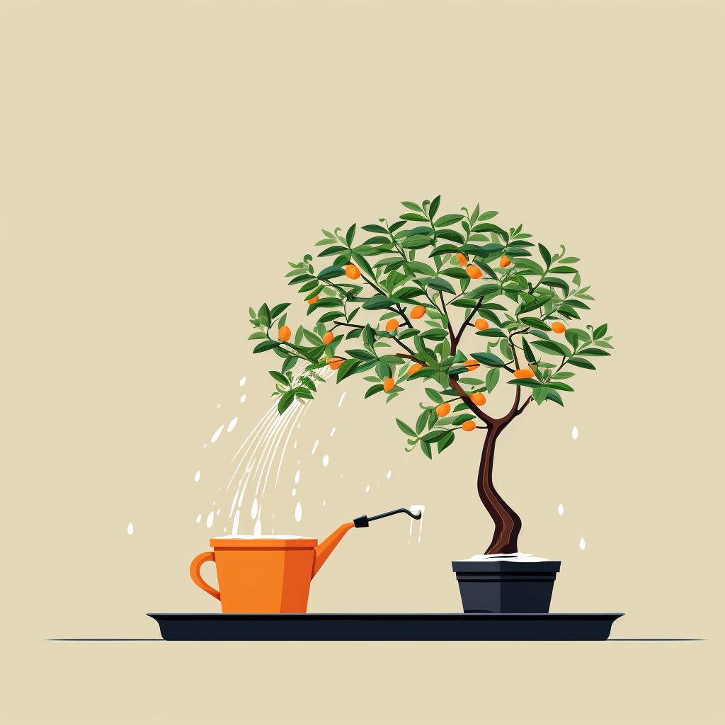 Watering a Bonsai Orange Tree with a long-spouted watering can