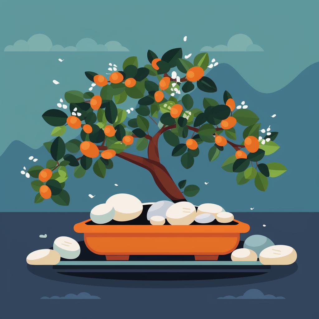 A Bonsai Orange Tree on a tray filled with pebbles and water