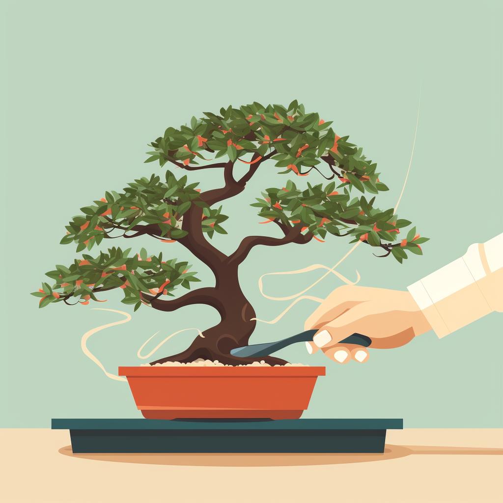 Hands pruning a bonsai tree with a pair of bonsai scissors