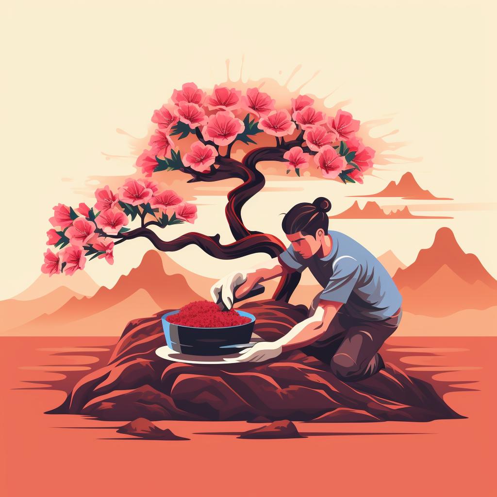Hands carefully pruning a desert rose bonsai