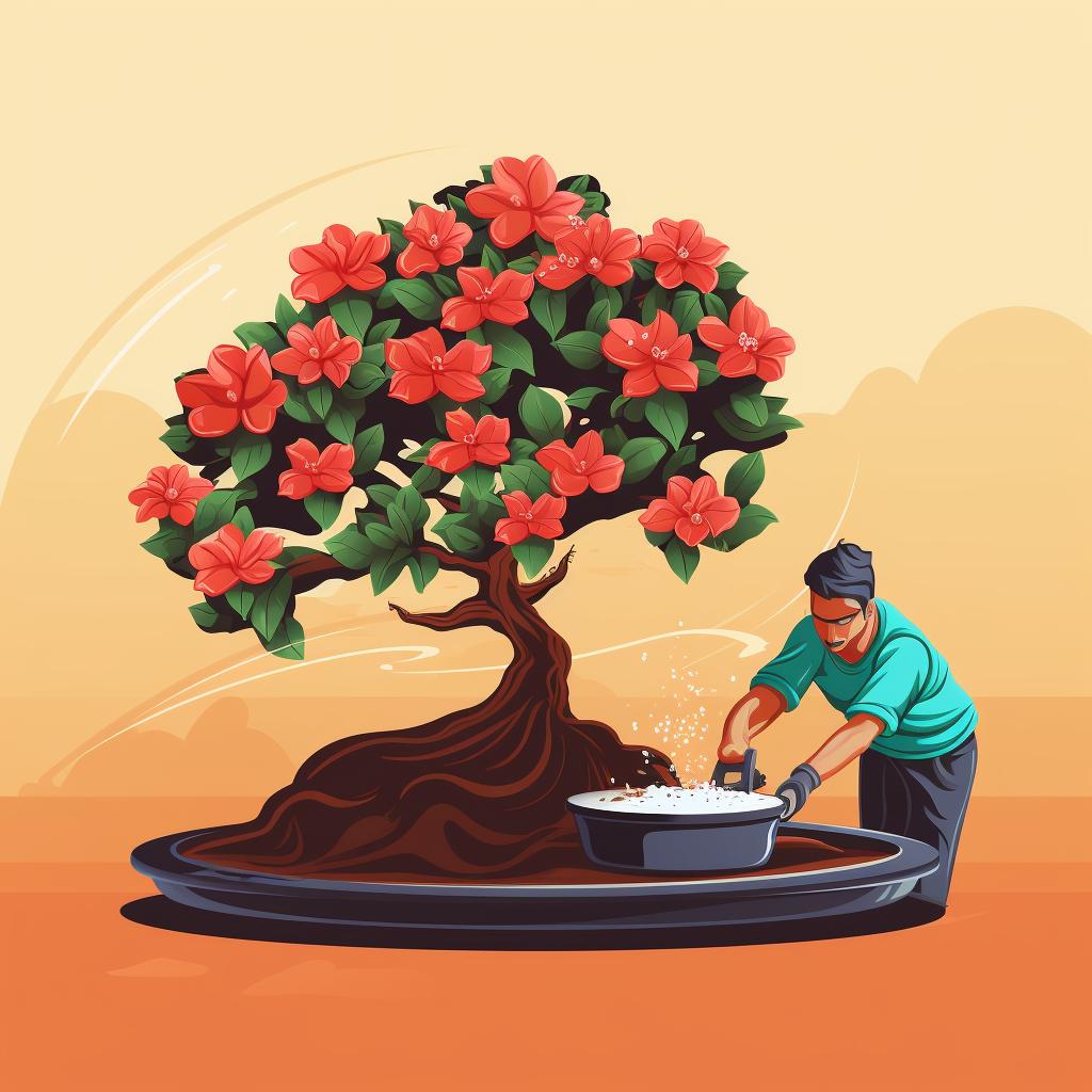 Applying liquid fertilizer to desert rose bonsai