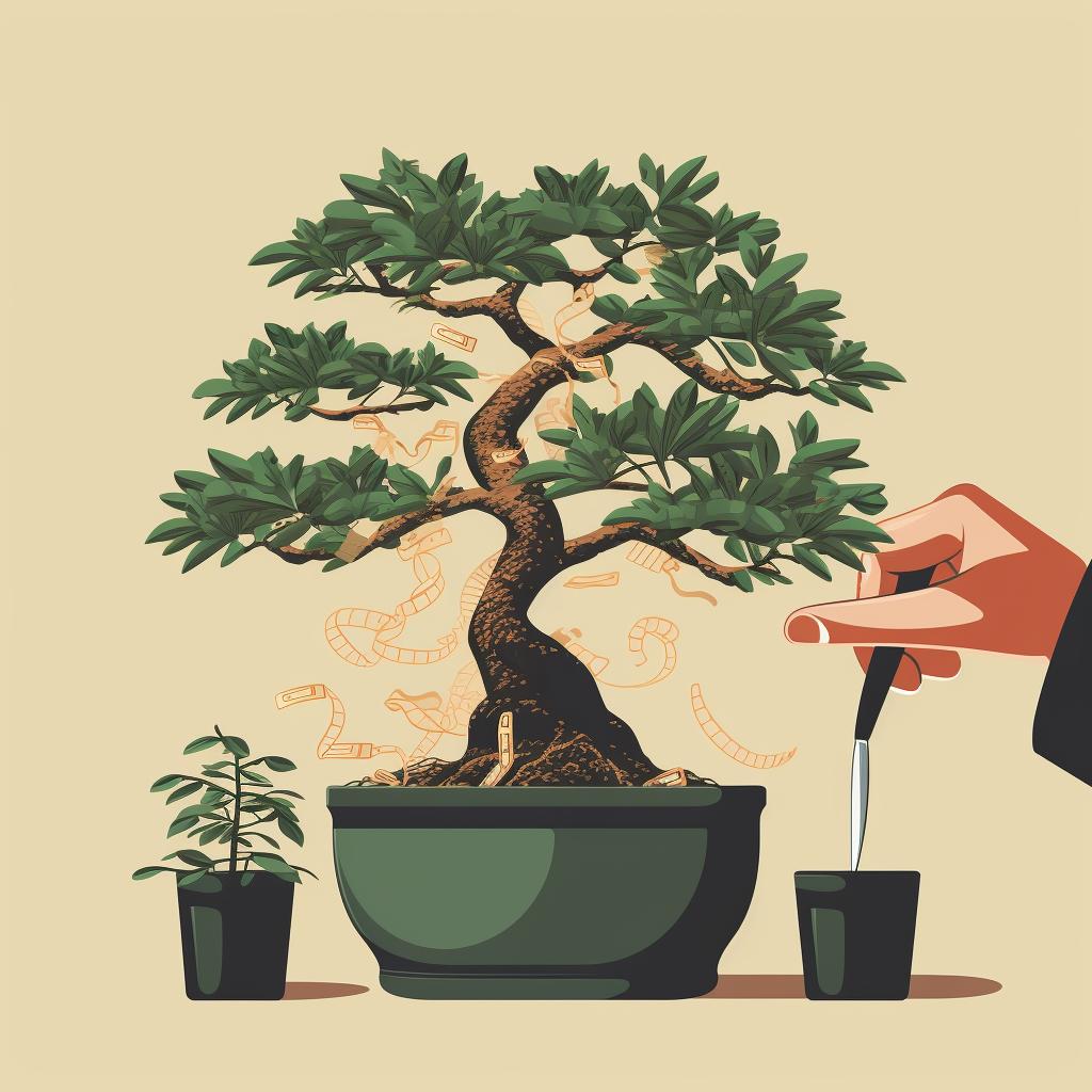 A hand pruning a Money Tree Bonsai with a pair of bonsai scissors