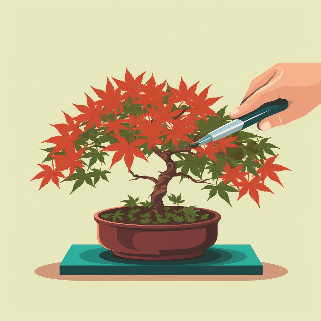 Hands using bonsai pruning scissors to trim leaves off a Japanese Maple Bonsai