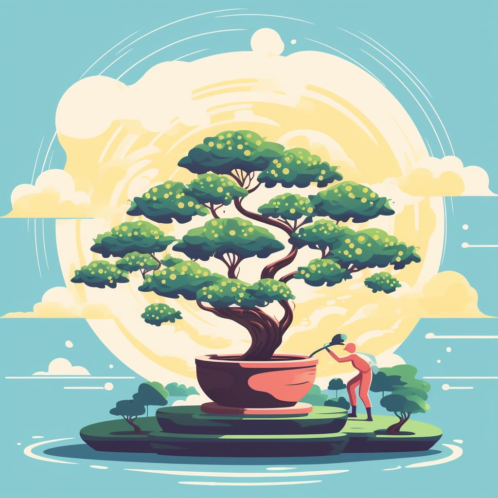 Watering a bonsai tree in a sunny location