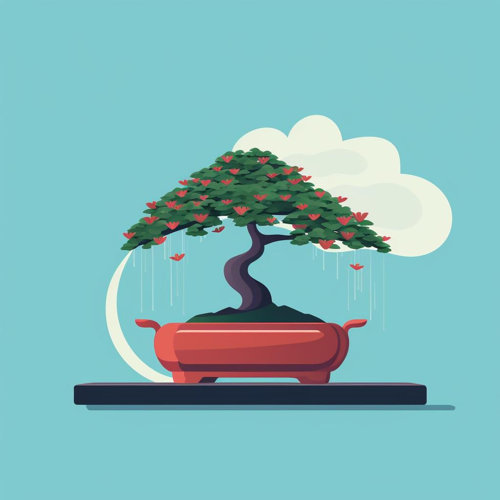 A bonsai tree being watered with a watering can