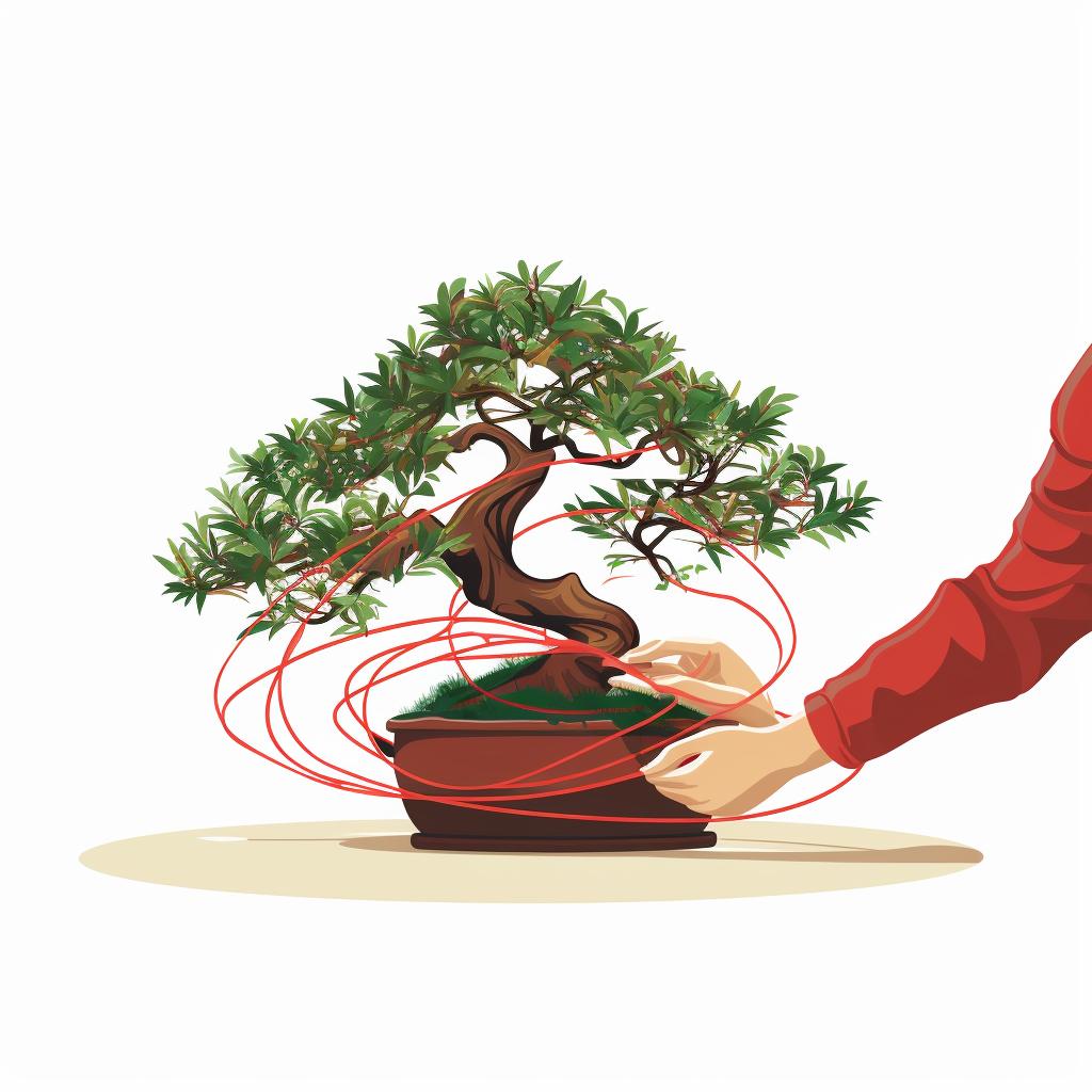 Hands wrapping bonsai wire around a branch