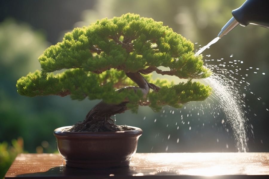 watering bonsai tree