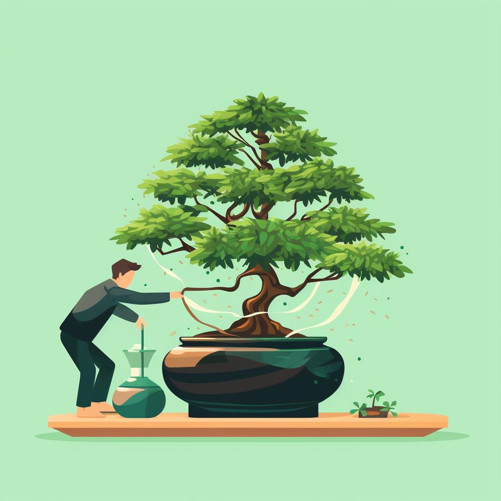 Applying miticide to a bonsai tree