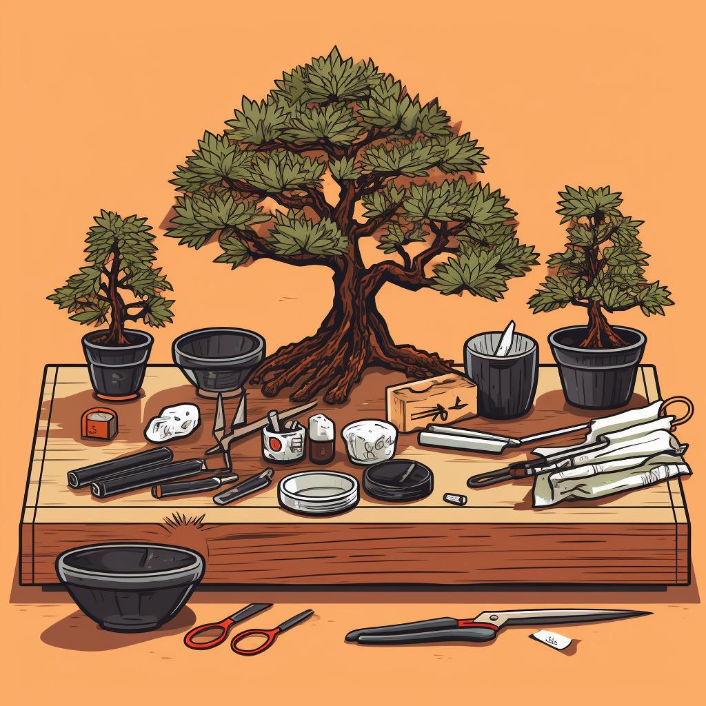 Bonsai shaping tools laid out on a table