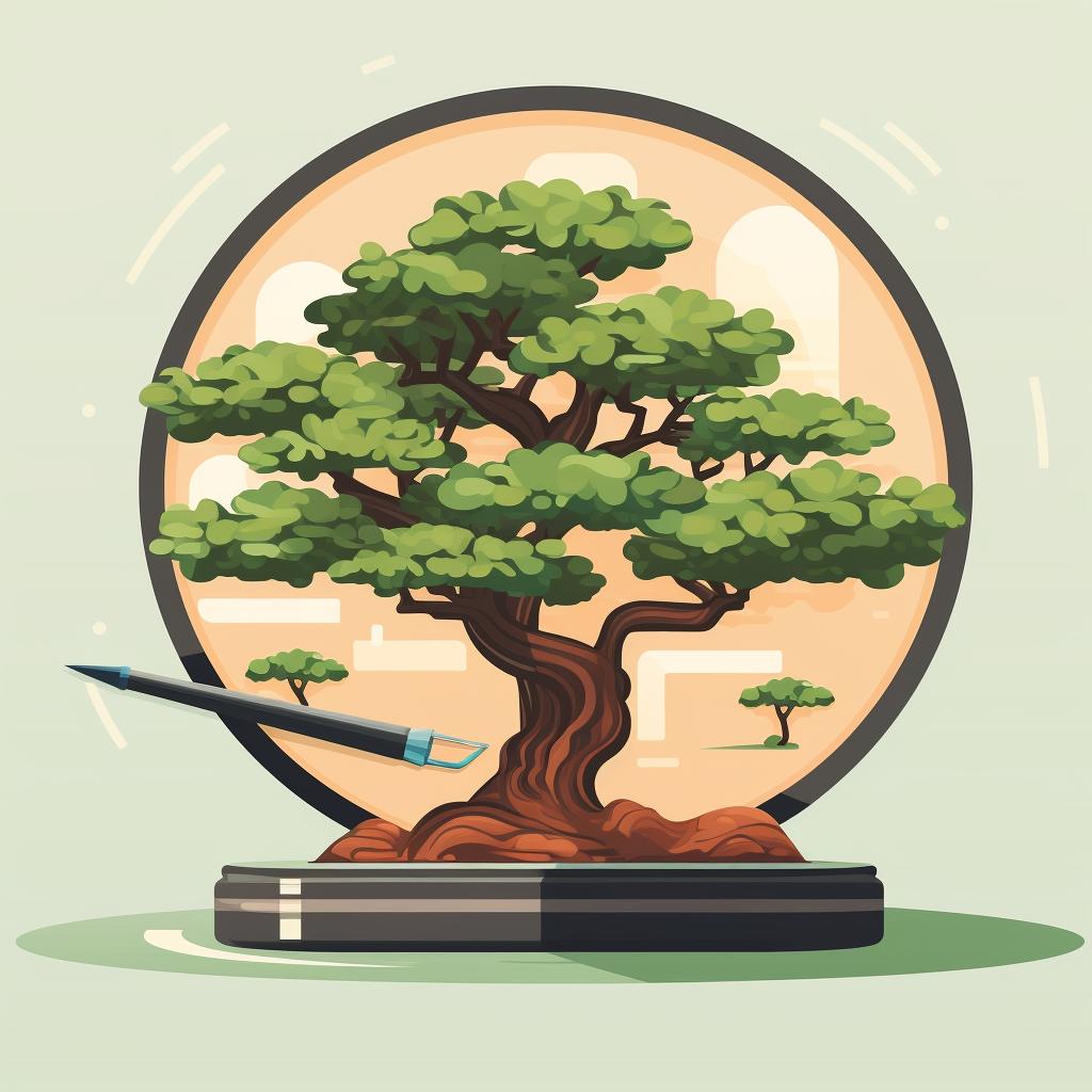 A magnifying glass inspecting a bonsai tree