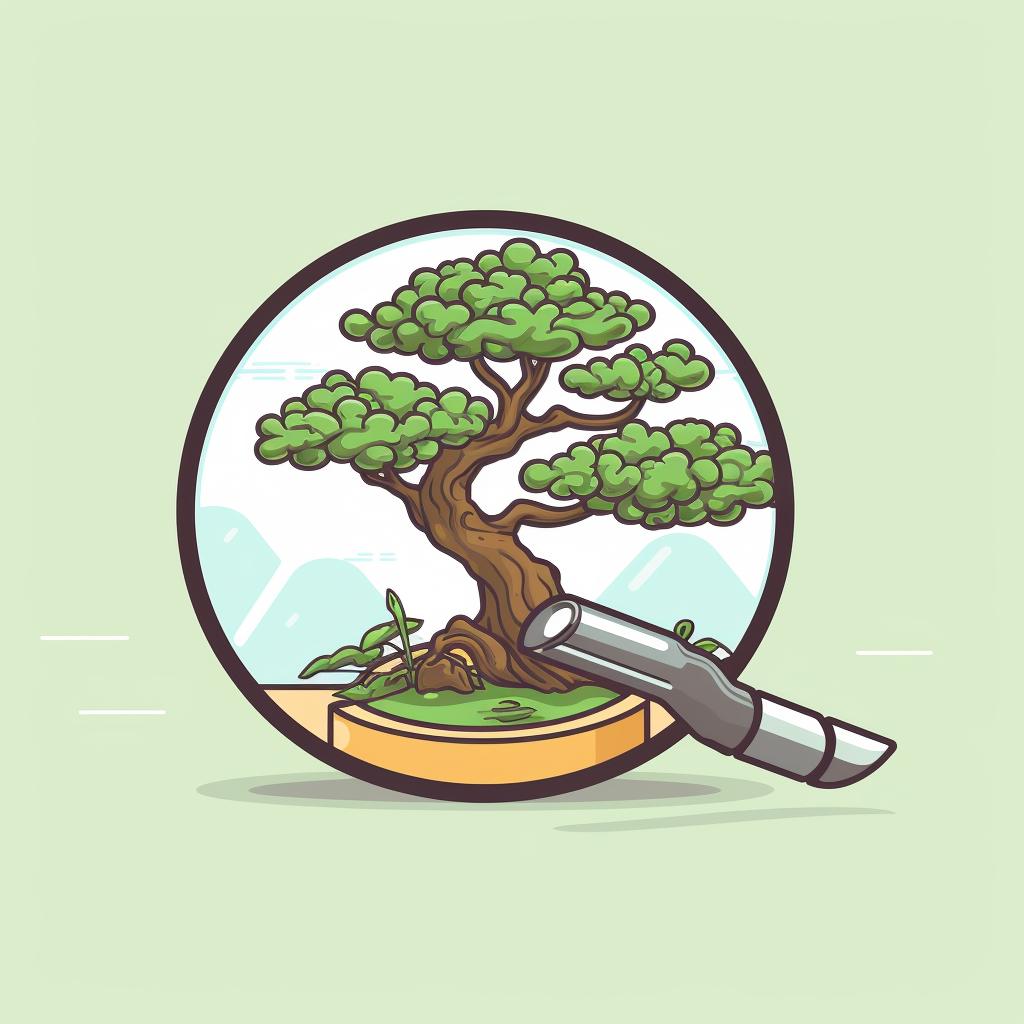 A magnifying glass inspecting the leaves of a bonsai tree
