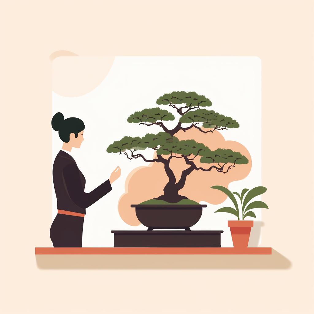 A person closely observing a bonsai tree