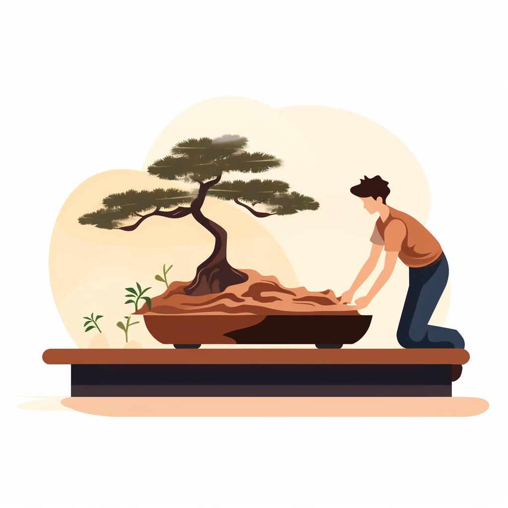 A person adding mulch around a bonsai pot.
