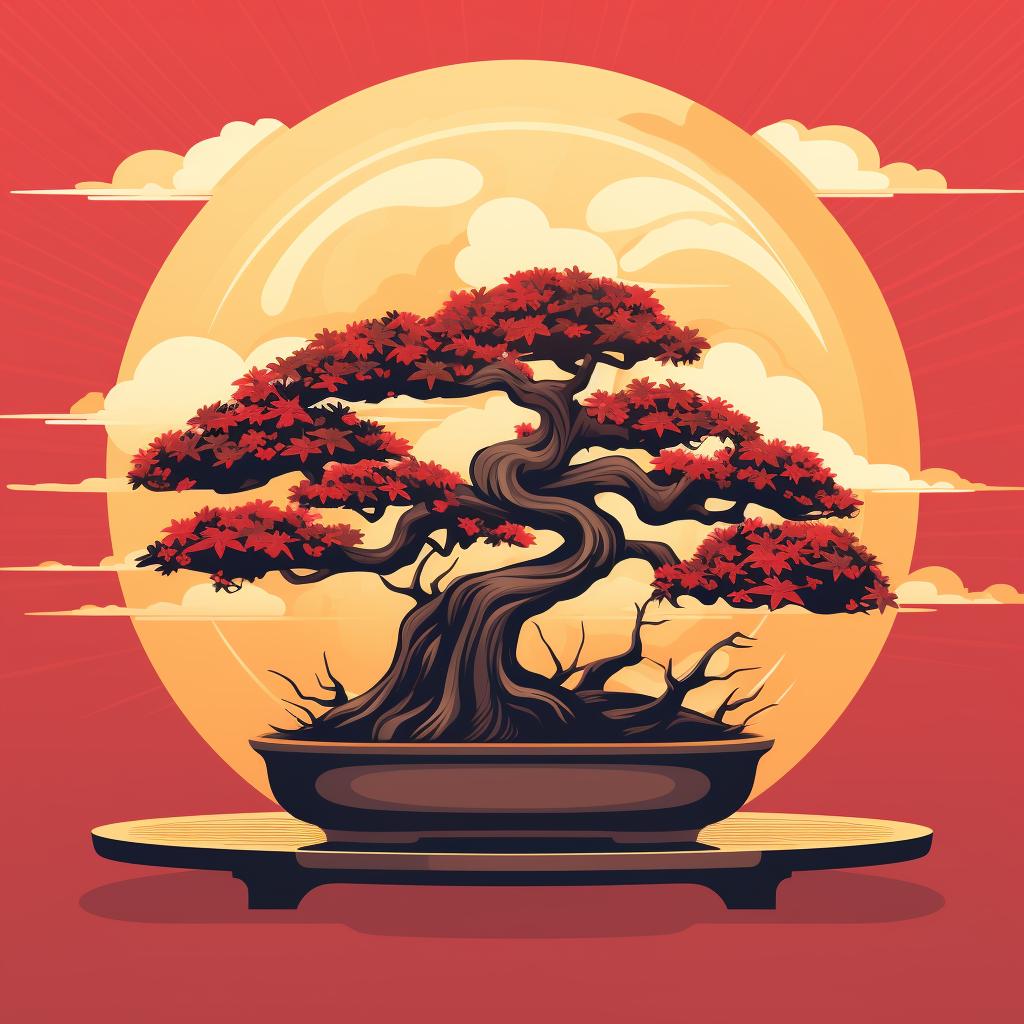 A mature bonsai tree in a pot, with a sunrise in the background