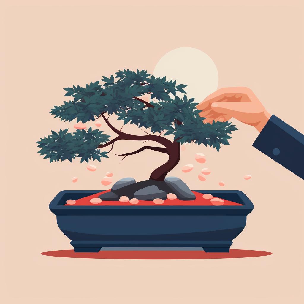 A hand planting a bonsai seed in a shallow container
