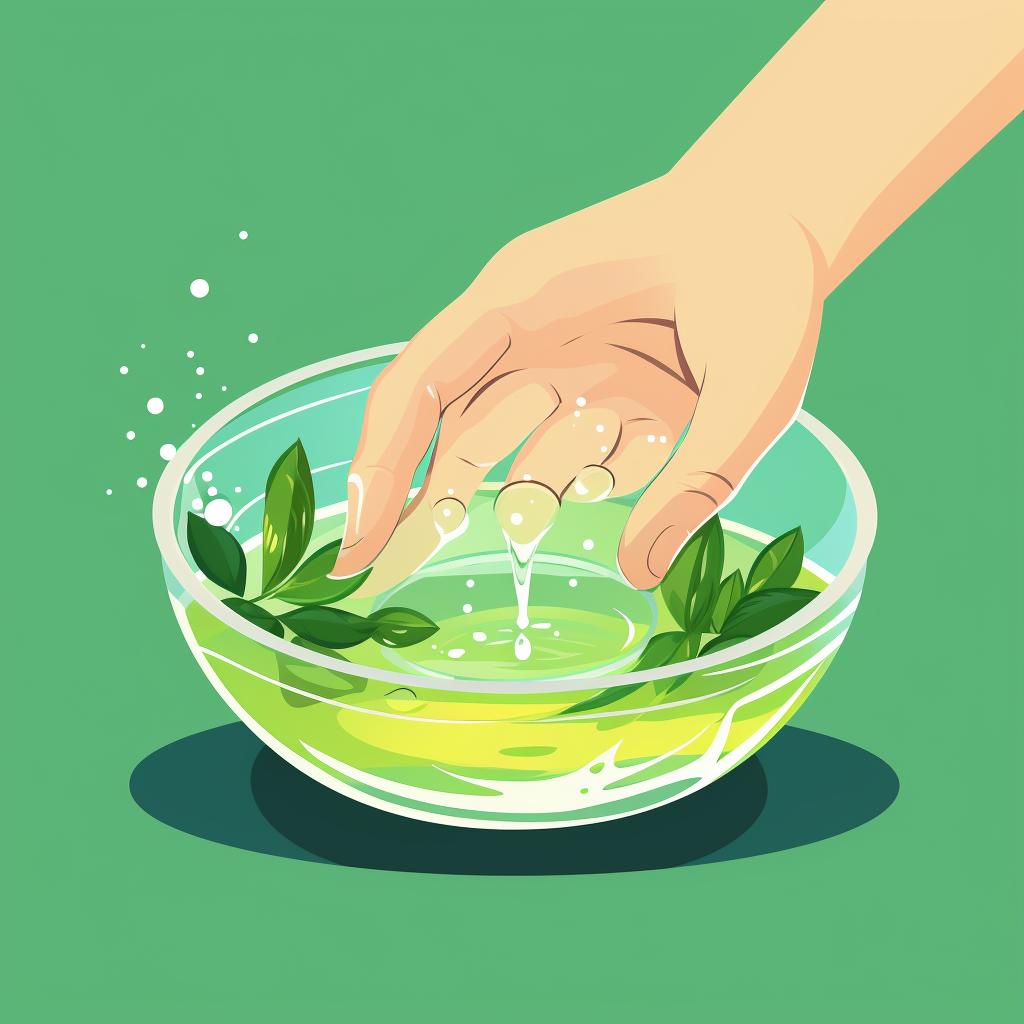 Hands mixing insecticidal soap or neem oil with water in a bowl
