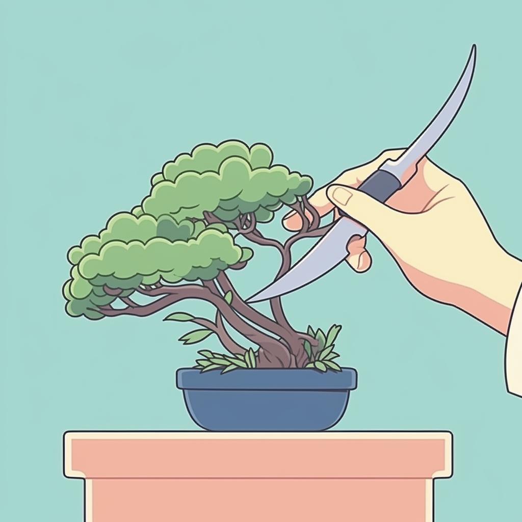 Hands using shears to prune a bonsai tree