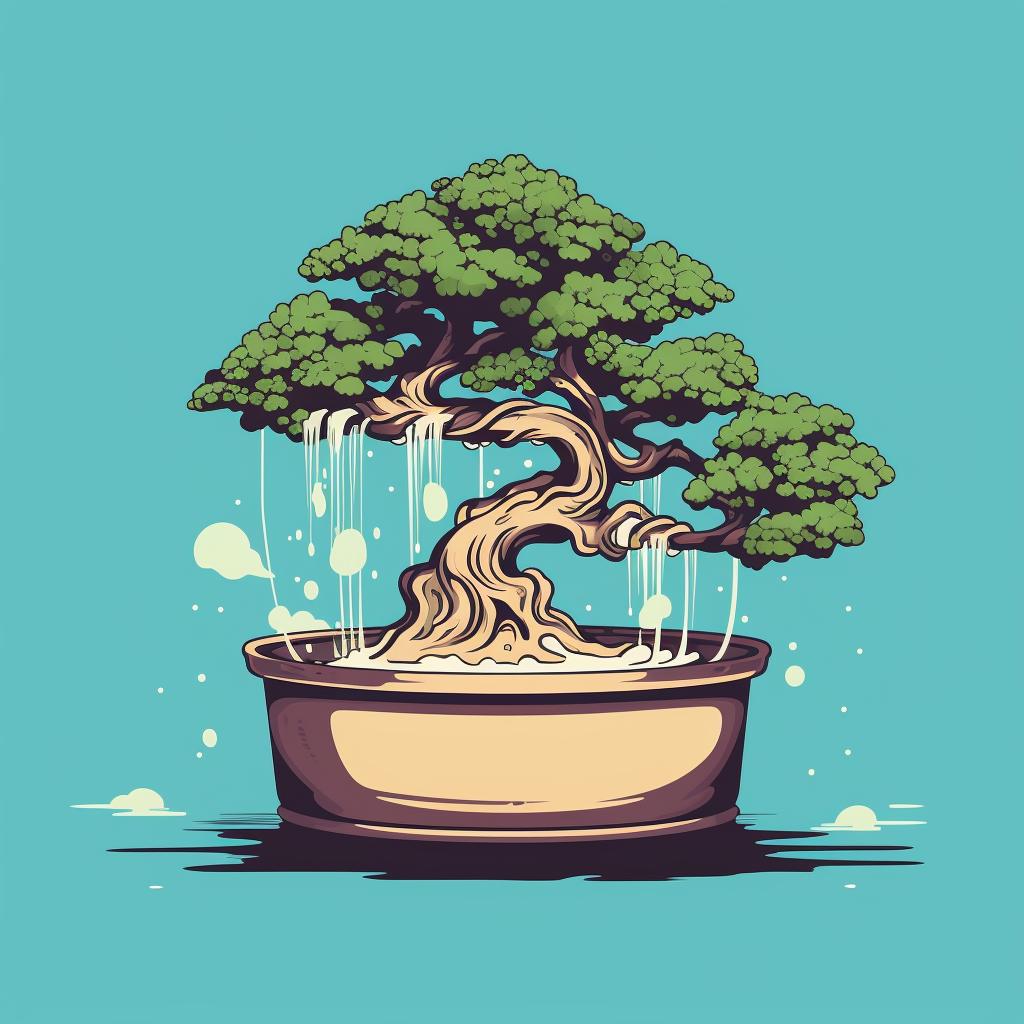 Water being gently poured on a bonsai tree to rinse off the solution