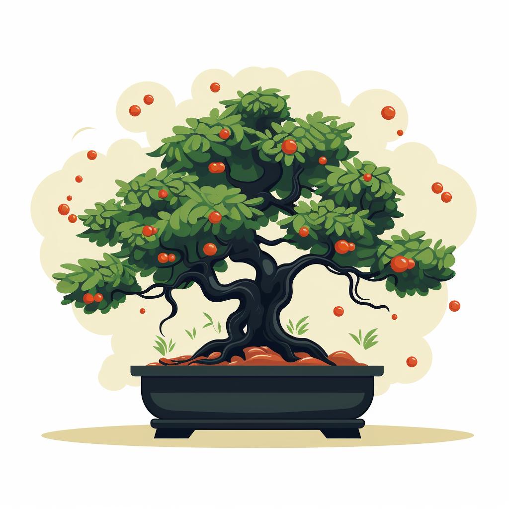 A bonsai tree with visible signs of pests or disease